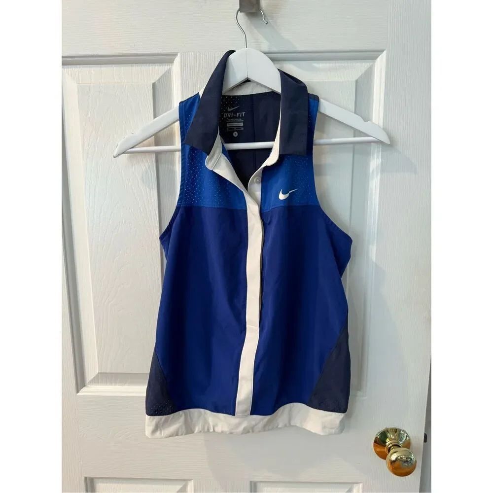 Nike Dri-Fit Blue Mesh/ Perforated Collated Racer Back Tennis Top sz S EUC